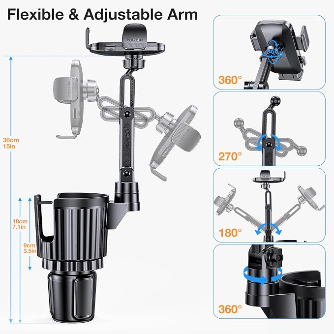Coolpow Car Phone Holder Mount, 2 in 1 Universal Cup Car Phone Holder | Expander Adjustable Base Long Arm 360°Rotation Cup Phone Holder Car Accessories for iPhone 17 Pro Max 16 15 & All Smartphone - Image 5