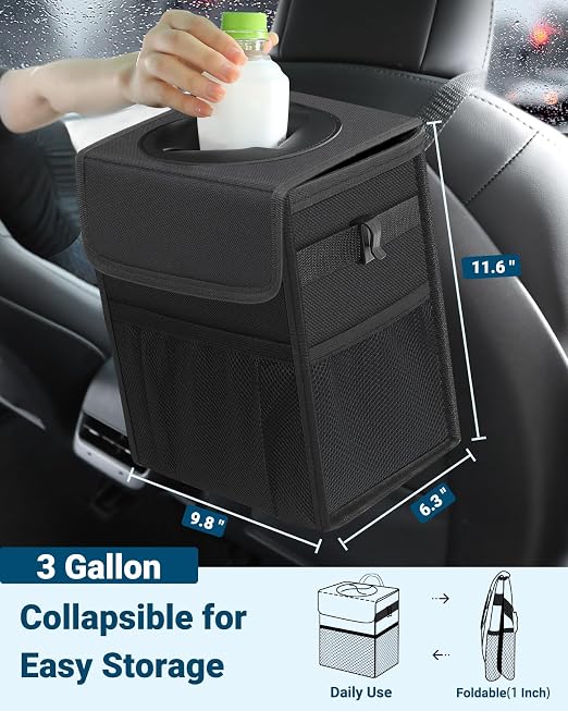 Capolo Car Trash Can with Lid, Leakproof Car Garbage Can Car Trash Bag | Waterproof, Trash Can for Car, 3 Mesh Pockets, Mini Hanging Vehicle Car Trash Bin, for Back/Front Seat (Black,3 Gal) - Image 2