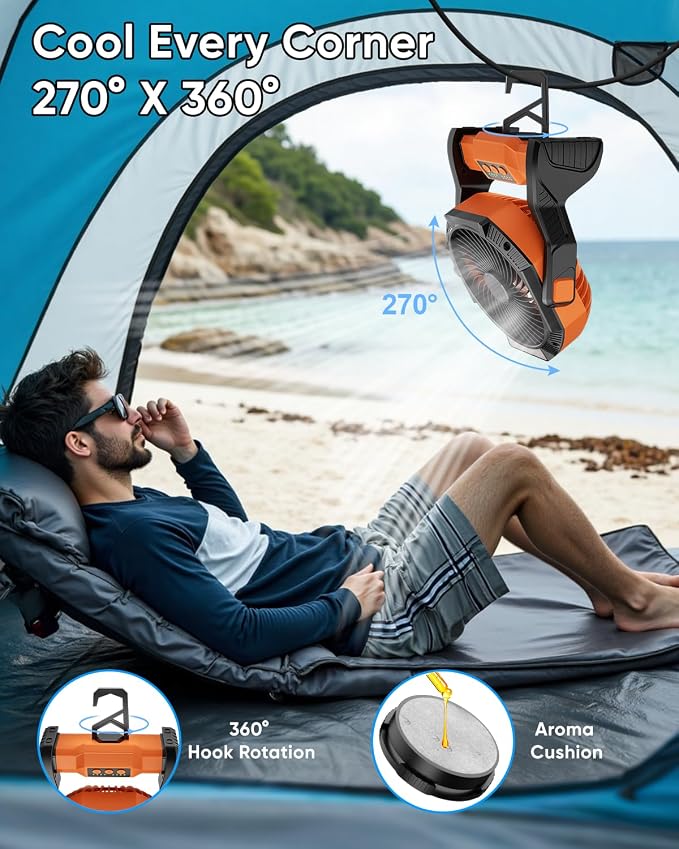 Portable Rechargeable Fan, 20000mAh Battery Powered Camping Fan with LED Light & Hook, 270° Adjustable, 4-Speed, 4H Timer Camping Essentials for Outdoor Tent Travel BBQ Car_Orange - Image 4