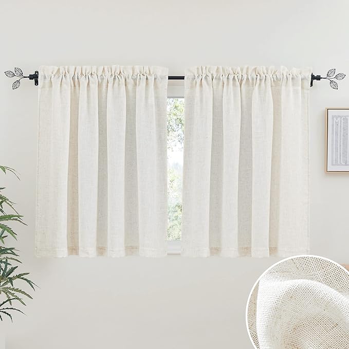 RYB HOME Flax Linen Blend Curtains - Semi Translucent Privacy Kitchen Valances, Light Glare Control Short Small Window Curtains for Bathroom Closet RV, 52" W x 36" L, 2 Pcs, Linen by RYBHOME