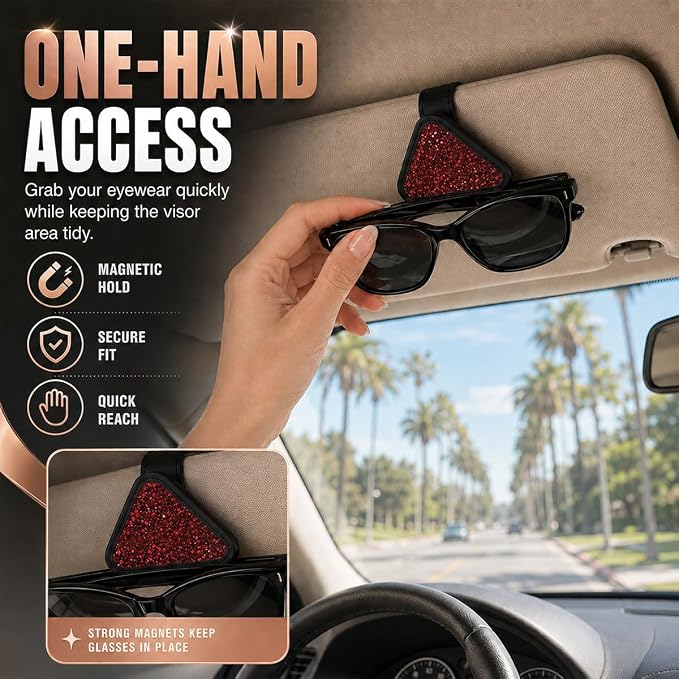 2PCS Magnetic Sunglass Holder for Car Visor, PU Leather Automotive Sun Visor Eyeglasses Hanger Clip, Vehicle Interior Ticket Card Organizer Mount Accessories for SUV Pickup Truck(Red) - Image 4