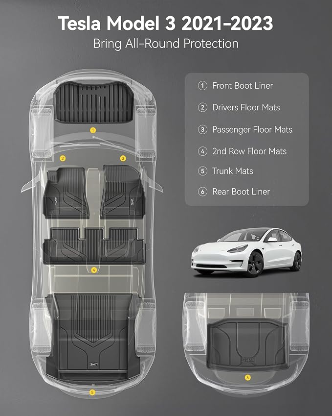 3W Floor Mats and Trunk Mat for Tesla Model 3 2021-2023 | Full Set All-Weather TPE Floor Liner, Custom Fit Model 3 Accessories, Black, Over 10 Years Lifespan - Image 3
