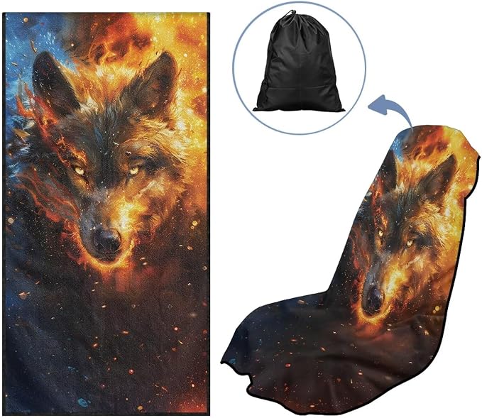 Horeset Wolf Flame Car Seat Towel Cover Soft Car Seat Protection Front Seats Automotive Protector Sports Car Towel Mat for SUV Trucks Cars Sedan Van - Image 5