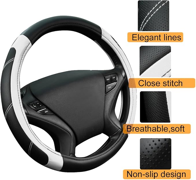 CAR PASS Line Rider Microfiber Leather Sporty Steering Wheel Cover Universal Fits for 95% Truck,SUV,Cars,14.5-15inch Anti-Slip Safety Comfortable Desgin (Black-White) - Image 4