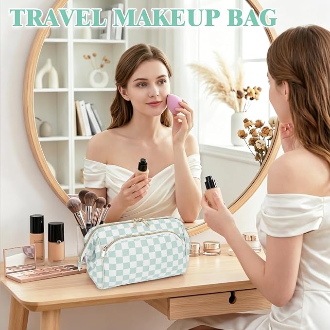 Fammart Travel Makeup Bag for Women, Waterproof Checkered Cosmetic Cosmetic Bag Make Up Organizer Case, Large Wide-open Toiletry Bag for Skincare, Brushes, Bathroom & Travel Essentials - Image 7