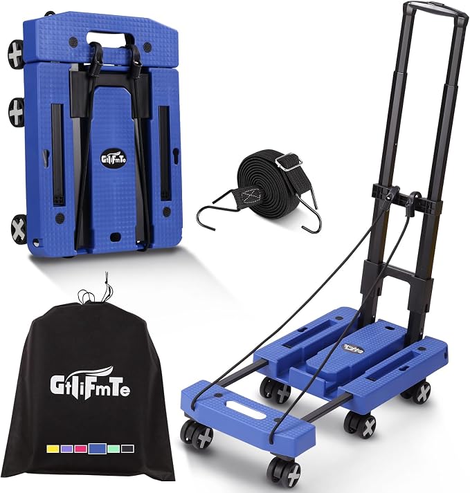 GtIiFmTe Foldable Hand Truck, Lightweight Luggage Cart for Airport Car Seat | Compact Folding dolly with Rotating swivel wheel,storage size12×15.7×4.1",300lbs Load,Upright Lock Handle with 3bungee cords by GtIiFmTe