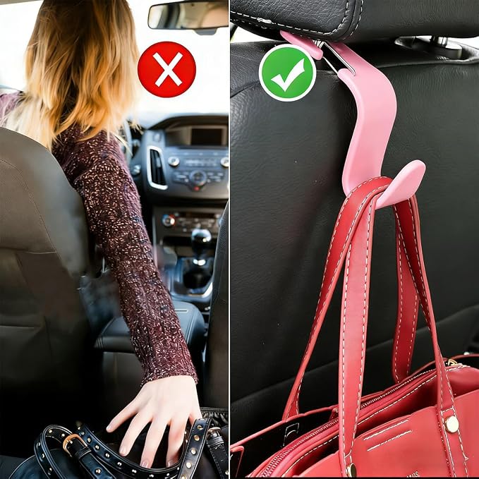 4PCS Car Seat Headrest Hook, Multi-Purpose Seat Back Hanger Purse Bag Handbag Organizer, Auto Interior Backseat Storage Hook Holder for Coat Hat Grocery Umbrella, Universal Fit (Pink) - Image 5