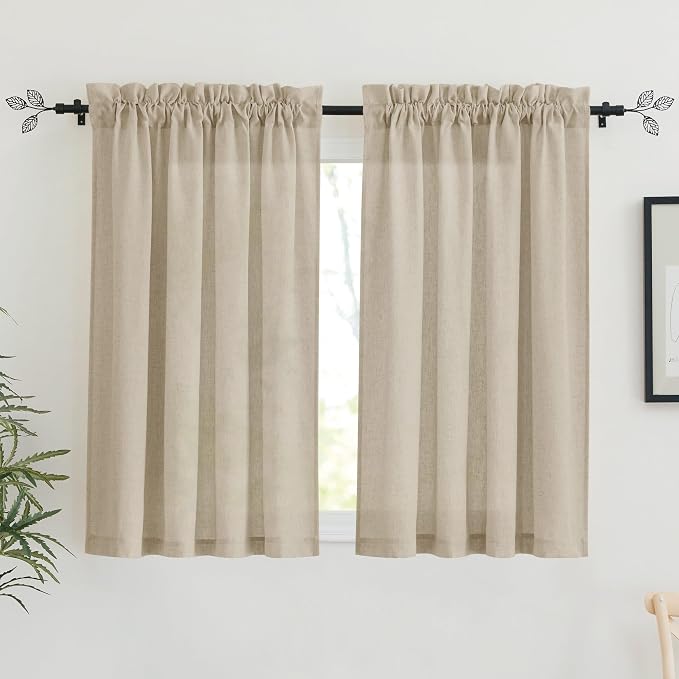RYB HOME Linen Sheer Curtains 2 Panels for Living Room, Semi Transparent Privacy Drapes with Rod Pocket Farmhouse Style Window Treatments for Bedroom, Taupe, 52" W x 45" L by RYBHOME