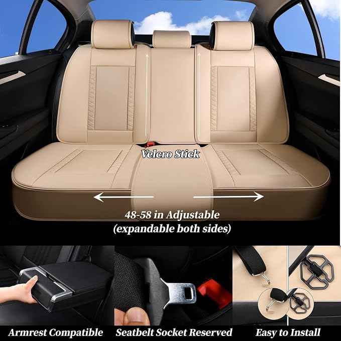 Coverado Car Seat Covers Full Set, Leather Seat Coversfor Cars, Front and Back Seat Covers, Waterproof Car Seat Protectors Car Seat Cushions Universal for Most Vehicles, Beige - Image 4
