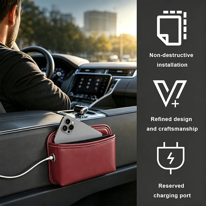 Car Seat Side Storage Pocket, Waterproof Leather Console Side Storage Bag with Card Holder, Multifunctional Phone & Sunglasses Pocket Bag for Car Door Seat Console (Red) - Image 5