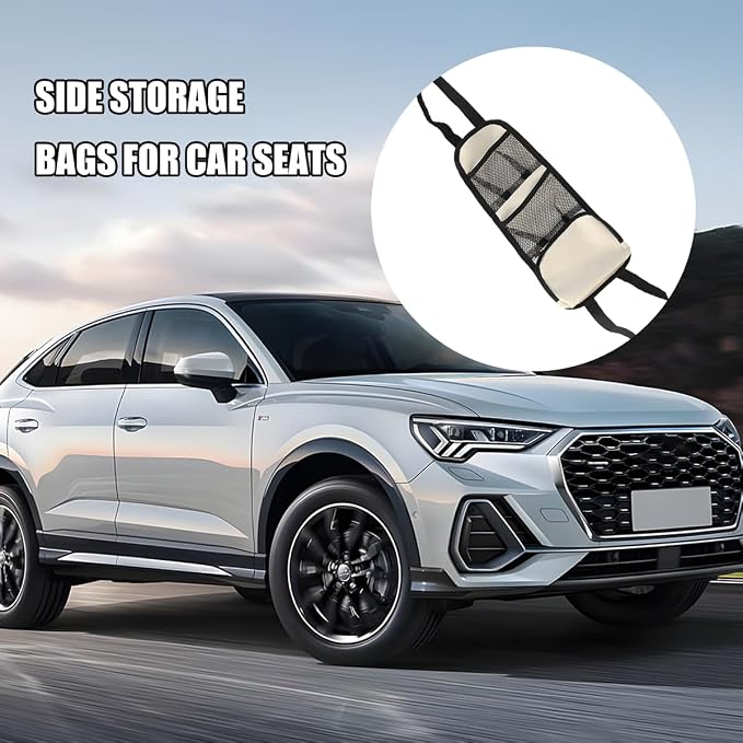 Car Seat Side Organizer, 2PCS Multi-Pocket Vehicle Front Seat Storage Hanging Bag with Mesh Net Pocket, Multifunctional Automotive Stuff Holder, Universal for SUV RV Truck (White) - Image 3
