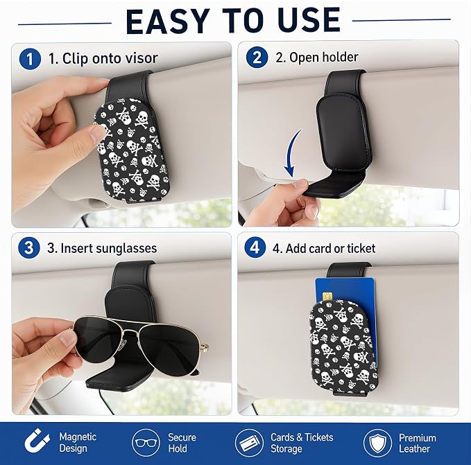 Leather Magnetic Sunglass Holder for Car Sun Visor, Cute Eyeglass Ticket Card Hanger Clip, Universal Auto Interior Accessories for SUV Pickup Truck, Skull Pattern - Image 5