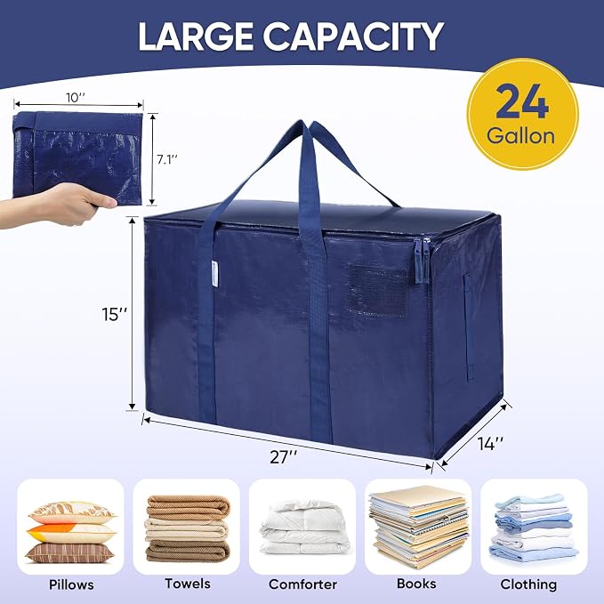 TICONN 6 Pack Extra Large Moving Bags Heavy Duty with Zippers & Carrying Handles, Durable Storage Bags Moving Boxes for Closet Organizers and Storage (6 Pack, Navy) - Image 5