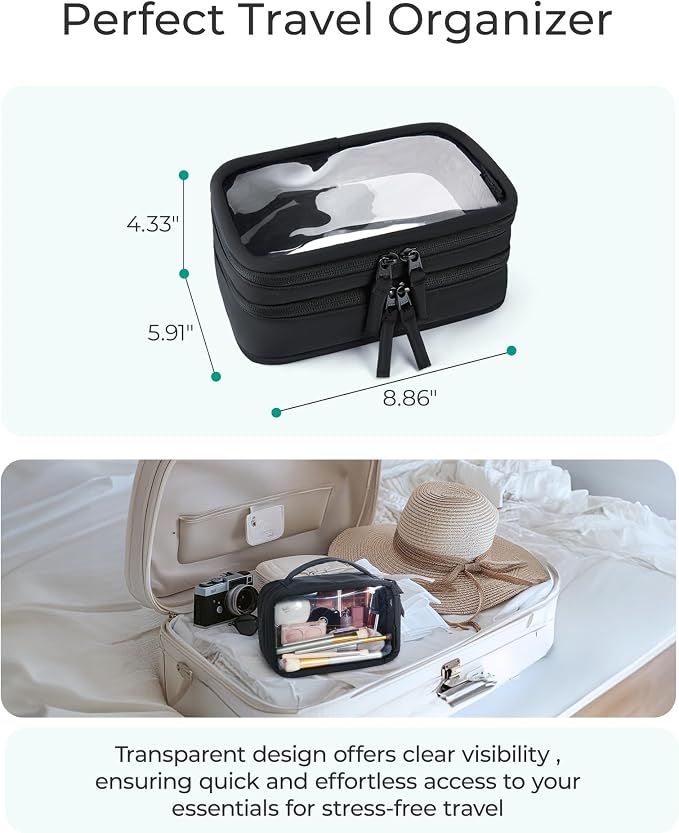 BAGSMART Double Layer Clear Makeup Bag, TSA-Approved Toiletry Bag, Large Opening with Handle, Cute Water-Resistant Travel Cosmetic Bag with Double Zipper for Car Essentials(Pink) - Image 5