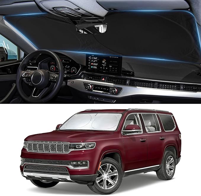 Windshield Sun Shade for 2011-2025 2026 Jeep Grand Cherokee/Grand Cherokee | Custom Fit Grand Cherokee L SUV Accessories Window Sunshade Sun Visor Protector Foldable Blocks UV Rays by BOODANCARS