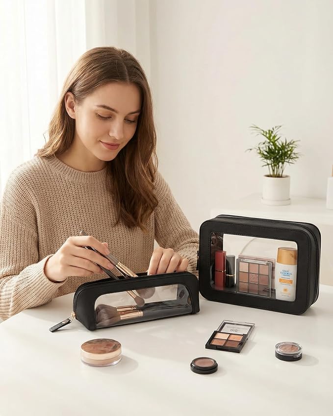 2 Pack Travel Clear Makeup Bag Set -Sunscreen Cosmetic Organizer Pouch Waterproof Makeup Pouch Portable Makeup Brush Pencil Case Car Accessories for Women(2Pack-Standard&Slim, Black) - Image 2