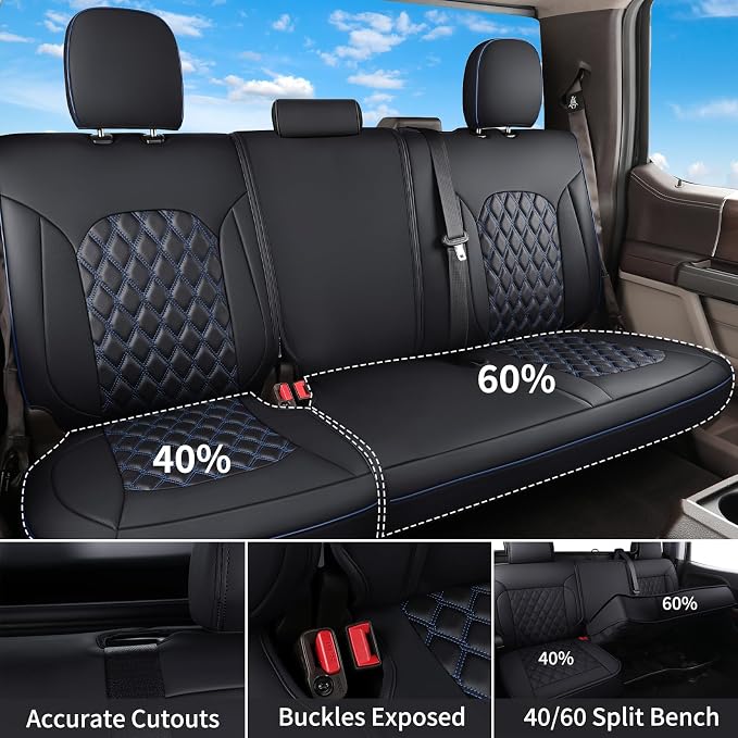 Huidasource Tacoma Front&Back Car Seat Covers, Automotive Seat Cushion Fit for 4th Gen Toyota Tacoma 2024-2026 Double&Crew Cab Trailhunter SR SR5 Limited TRD Sport/Off Road (Full Set/Black&Blue) - Image 3