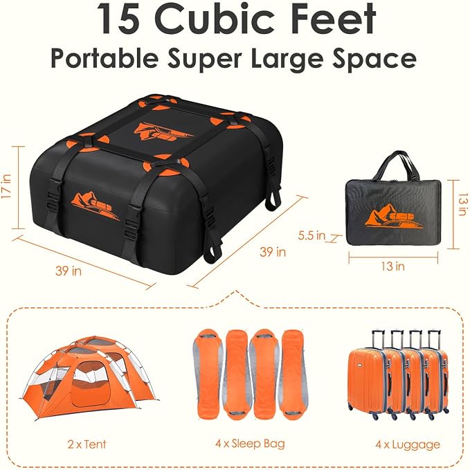 Car Rooftop Cargo Carrier Bag 15-20 Cubic Feet, 100% Waterproof Heavy Duty Car Roof Bag for All Vehicle with/Without Racks - Anti-Slip Mat, 4 Door Hooks, Storage Bags (Orange, 15Cu.Ft) - Image 6