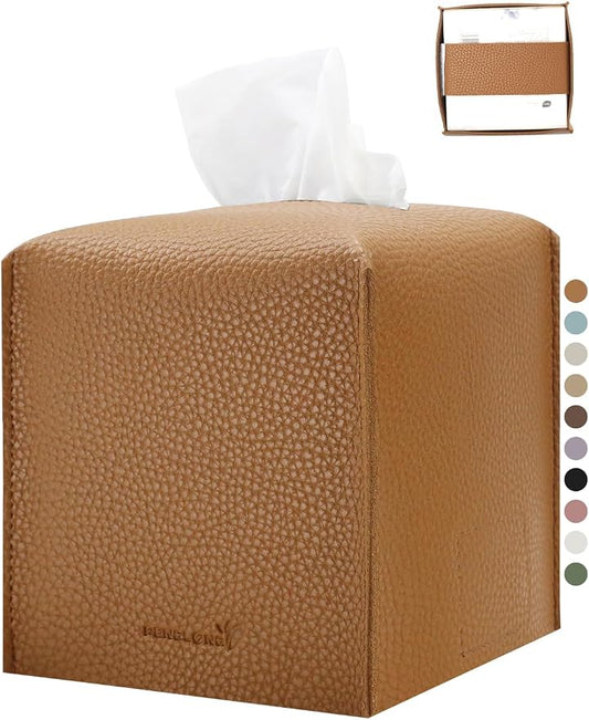 Tissue Box Cover 5X5X5'' PU Leather Tissue Holder Square Tissue Cube Box Organizer for Bathroom Vanity Countertop, Car, Night Stands, Office, Home, Kitchen (1Pack, Brown) by PENGLONGHOMEDECORATION
