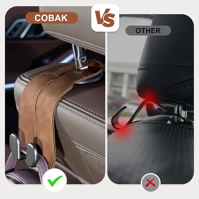 CoBak Purse Hook for Car - Universal Premium Stitched Leather and Aluminum-Magnesium Alloy Double Car Seat Back Storage Hook for Purses, Handbags, Bags (4 Pack),Brown - Image 3