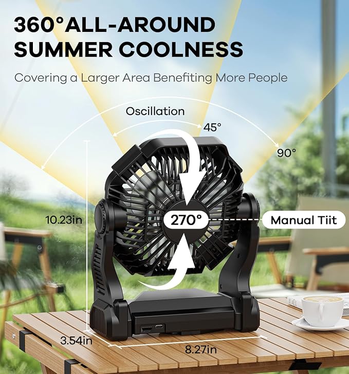 DOWILLDO 30000mAh Portable Battery Powered Camping Fan - with LED Light, Quiet Battery Operated, Camping Gear for Travel, Tent, Beach, Car or Hurricane Power Outages, Black - Image 4