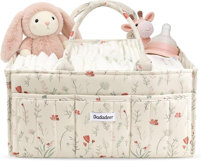 Quilted Floral Diaper Caddy Organizer, Nursery Storage Basket with Dividers | Waterproof Caddy with Sturdy Handles, Portable for Changing Table or Car, Newborn Essentials, Baby Shower Gifts by Unknown