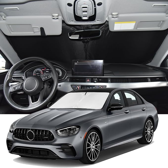 Windshield Sunshade for Mercedes E-Class Sedan 2017-2023 Sun Shade | Upgrade 4 Layers Custom Fit E-Class Car Window Shade Front Windshield Keep Cool Blocks UV Rays Car Accessories by ZOIBVCARSUNSHADE
