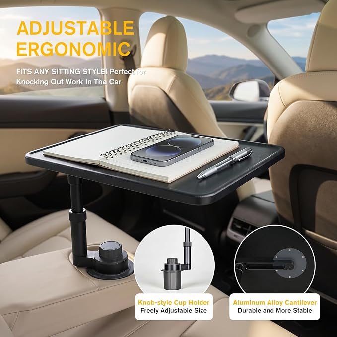 Car Desk for Laptop，Car Tray with 360° Rotating Cup Holder,Adjustable Height, Black Leather Texture Color Compatible with Tesla Model 3/Y/S, Ford，Toyota Sienna/Most Vehicles - Image 3