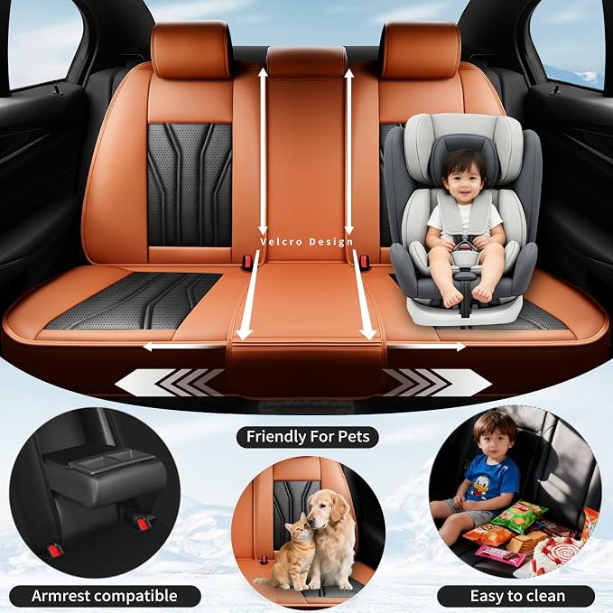 Fit Sienna Premium Leather Car Seat Covers for Toyota Sienna 2007-2025 2026 - Waterproof，Breathable，All-Weather Seat Cushion Protecto & Airbag Compatible, 2 Front Seat Orange&Black - Image 3