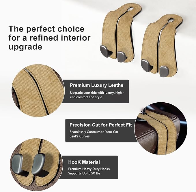 CoBak Purse Hook for Car - Universal Premium Stitched Leather and Aluminum-Magnesium Alloy Double Car Seat Back Storage Hook for Purses, Handbags, Bags (2 Pack),Linen - Image 2