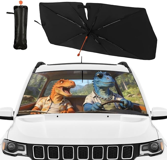 Dinosaur Car Windshield Sun Shade Umbrella Bendable Handle Foldable Funny Dinosaur Animal Driving Sunshade for Car Windshield Block UV Rays Keep Vehicle Cool for Most Sedans SUV Trucks 57"x30" - Image 3