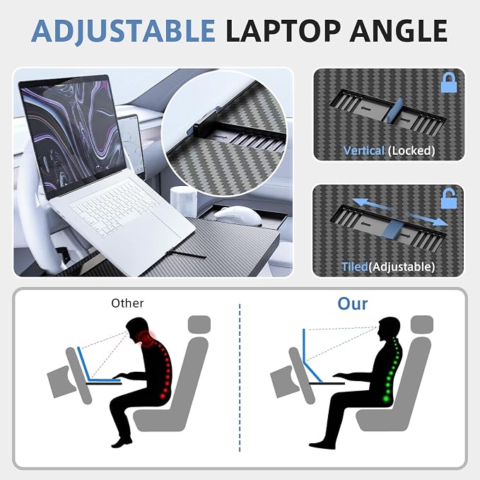 Steering Wheel Tray, Car Food Tray, Car Desk for Laptop, Carbon Fiber Look Multipurpose Car Table for Eating & Work, Adjustable Car Tray with Drawer and Anti-Slip Protective Adhesive - Image 4