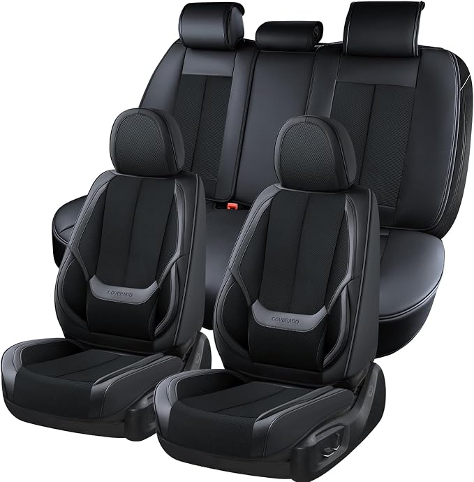 Coverado Seat Covers Full Set, Breathable Leather Car Seat Cover,Universal Car Seat Protectors, Seat Cover Waterproof, Front and Rear Seat Cover Fit Most Cars, BlackRed by COVERADOAUTO