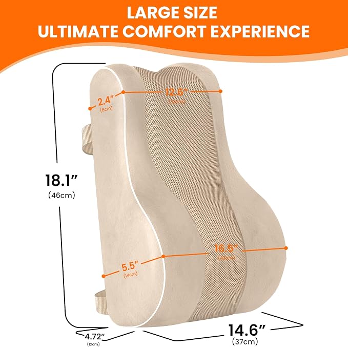 CloudBliss Lumbar Support Pillow, Memory Foam for Office Chair, Khaki | Ergonomic High-Density Memory Foam, Adjustable Straps, Washable Mesh Cover, Lower Back Support for Office, Gaming & Car Seat - Image 2