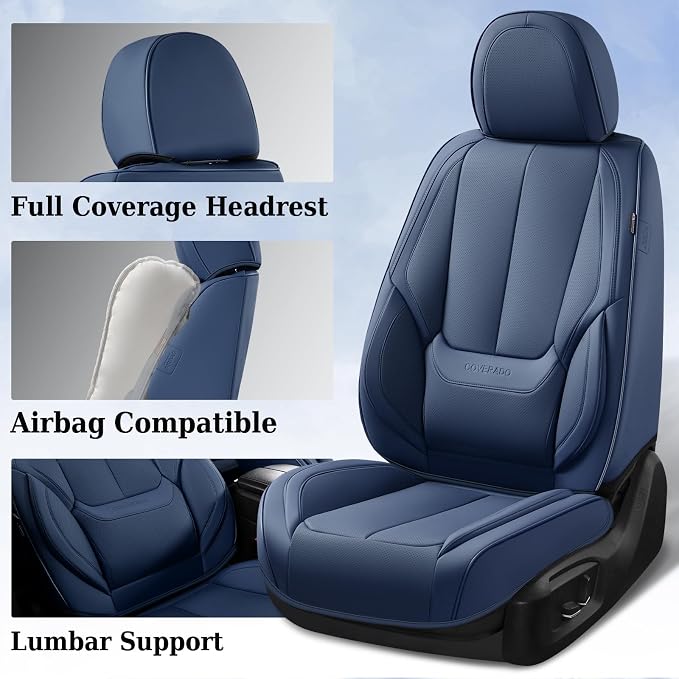 Coverado Seat Covers, Car Seat Covers Front Seats, Car Seat Cover, Car Seat Protector Waterproof, Car Seat Cushion Nappa Leather, Blue Seat Covers Carseat Cover Universal Fit for Most Cars - Image 5