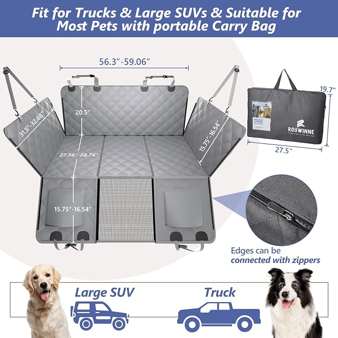 Dog Truck Seat Cover for Back Seat, Hard Bottom Pet Hammock, XL | for F150, RAM1500, Sierra, Tundra, Silverado Full-Size Crew Cab Trucks, Extender Space, Sturdy Oxford, Waterproof, Grey - Image 5
