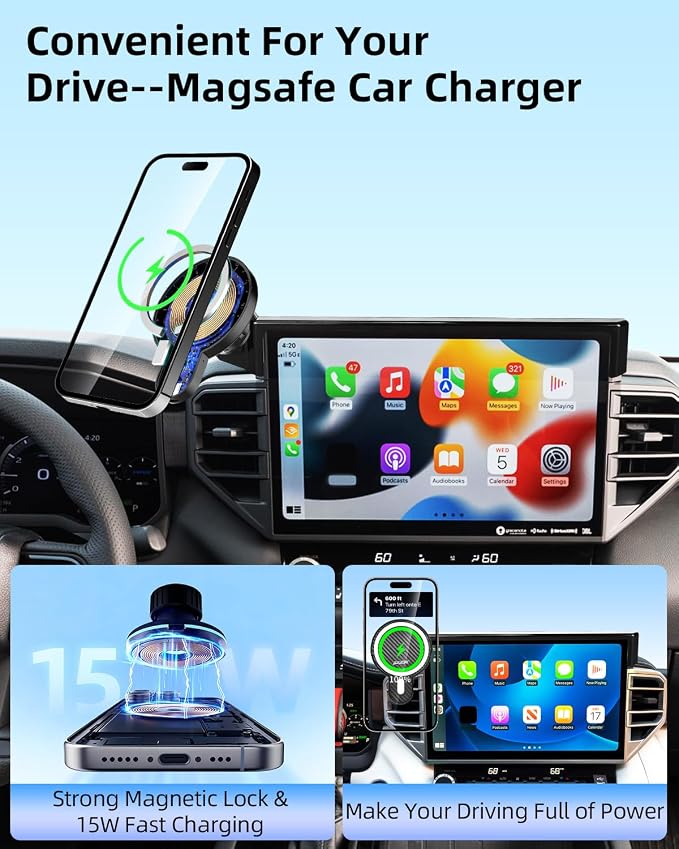 PZK Car Phone Mount for Toyota Tundra 2022-2026 /Sequoia 2023-2026 14-Inch | 3rd Gen Tudnra Accessories Magnetic 15W Fast Wireless Charger Phone Holder for Tundra Magsafe Phone Stand 360° Rotation - Image 4