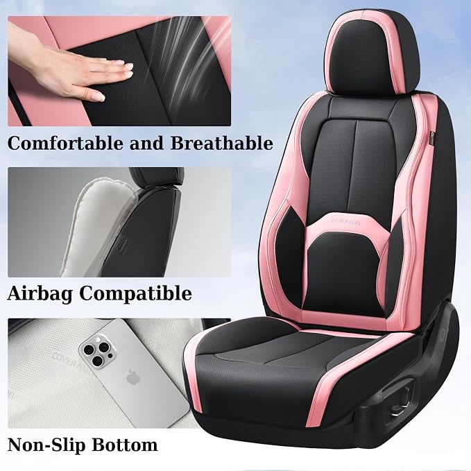 Coverado Seat Covers, Car Seat Covers Front Seats, Nappa Leather Seat Covers for Cars, Waterproof Car Seat Protector with Lumbar Support, Front Seat Covers Universal Fit for Most Cars (Black&Pink) - Image 4