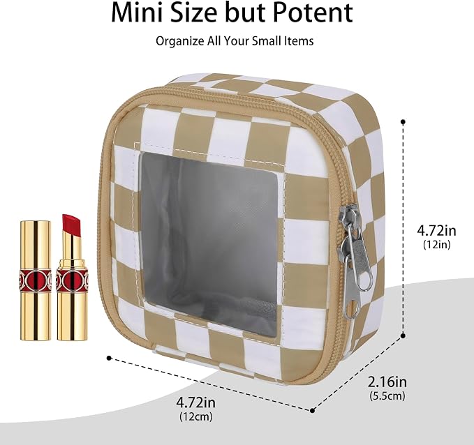 DOB SECHS Mini Checkered Bag for Purse 5.1'' x 5.1'' Small Makeup Bag for Car Cute Clear Cosmetic Bags with Zipper, Tiny Toiletry Bag Lipstick Organizer Pouch Travel Essentials Storage Pouch, Khaki - Image 2