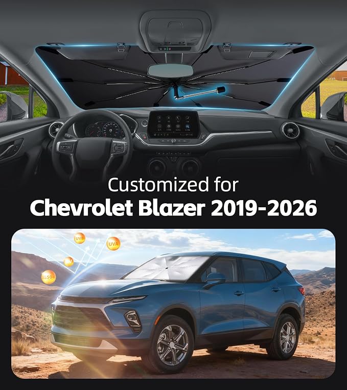 Windshield Sun Shade for Chevrolet Blazer 2019-2026 with 360°Rotating Shaft | Custom Fit Umbrella Sunshade for UV Blocking, Interior Heat Protection, Easy Storage, UPF 50+ Cool Windshield Cover - Image 2