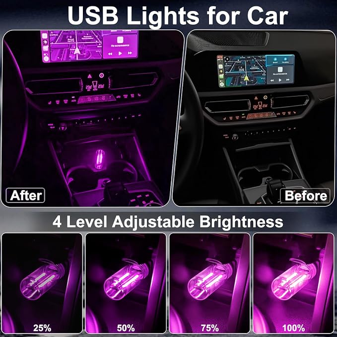 2Pcs Car USB Lights, Plug-in Retro Car Ambient Lighting Kit Dimmable Purple | Touch Adjustment Light, Portable Mini Glass Bottle LED Bulb Nightlights for Car Bedroom Hallway Camping Holiday Decoration - Image 3