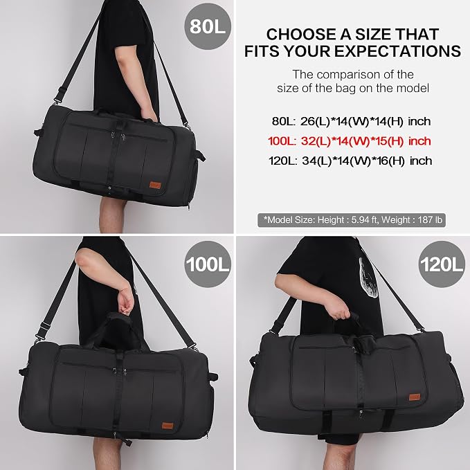 100L EXTRA LARGE Foldable Waterproof Travel Duffle Bag for Men Women | with Shoe Compartment, Black, 32“ Duffel for Weekender Gym Sport, Tear Resistant, Polyester - Image 2