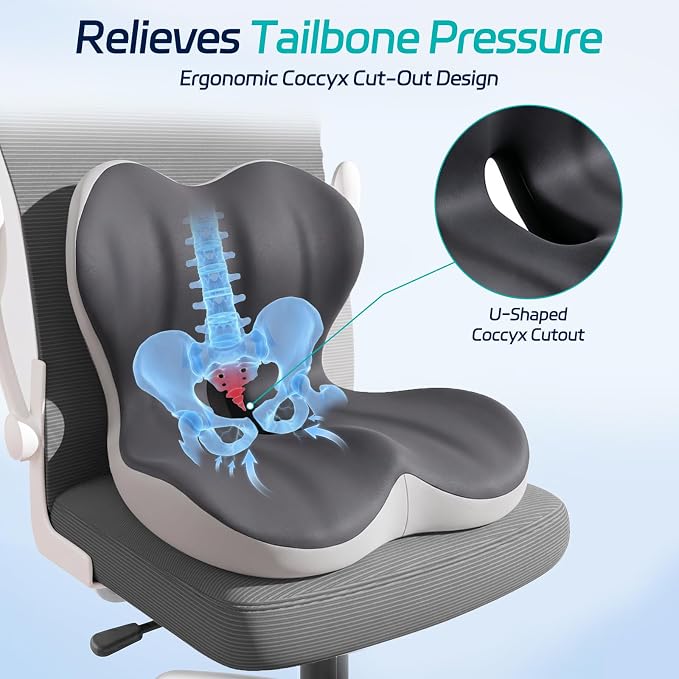 Back and Seat Cushion for Office, Back & Tailbone Pain Relief, Raised Cushion for Lumbar and Butt, Double-Sided Anti-Slip, Improves Sitting Posture, Ergonomic Memory Foam Lumbar Cushion - Image 4