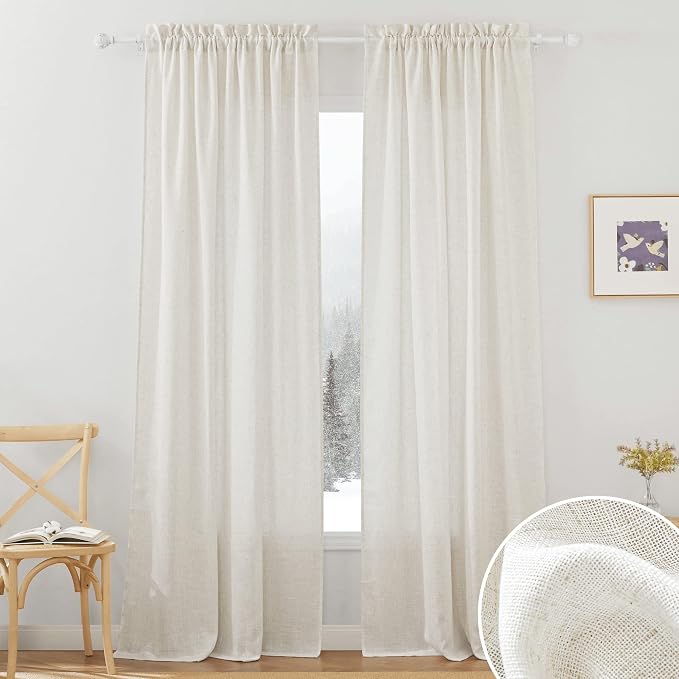 RYB HOME Semi Sheer Curtains Linen Textured Fabric 84 inches for Bedroom | Light & Half Privacy, Light and Airy, Window Drapes, Rod Pocket, W34 x L84, Linen, 2 Panels by RYBHOME