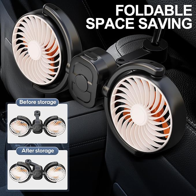 Dealswin Rechargeable Car Fan for Back Seat, Battery and USB Dual Power Car Fans for Baby Kids, Powerful 3 Speeds 360° Rotatable Dual Head Cooling Car Seat Fan - Image 4