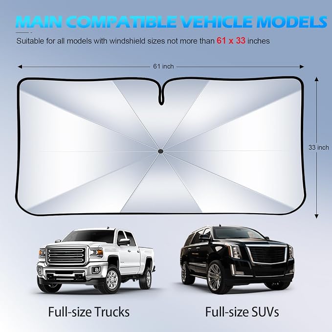 [2026 Upgrade] FLORICH Windshield Sunshade Umbrella Foldable Car Windshield Sun Shade Cover Protect Interior from UV Keep Car Cooler Foldable Large(61" L x 33" W) - Image 6