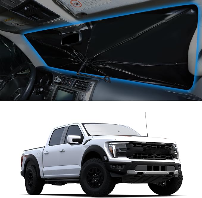 Windshield Sun Shade Umbrella for 2021-2026 Ford F150 F-150 | Full covered for windshield, Block UV Rays, Heat Reduction, Easy to install, Durable & Fold Up Small by YYCKE
