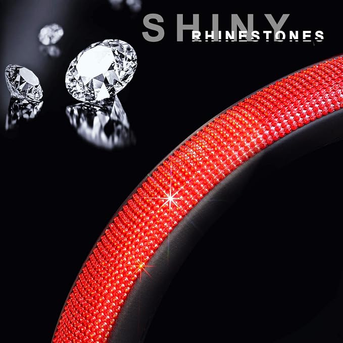 ChuLian New Diamond Leather Steering Wheel Cover with Bling Crystal | Universal Fit 15 Inch Car Wheel Protector for Women Girls with Bling Rhinestones Red Diamond - Image 4