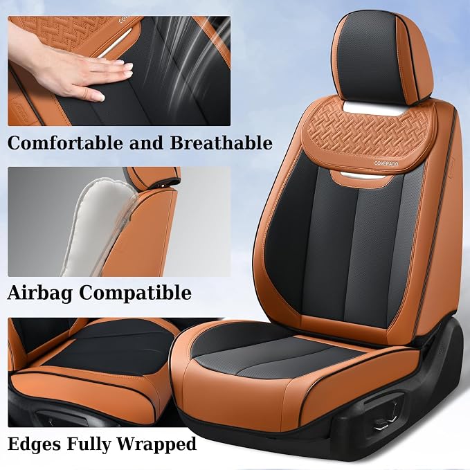 Coverado Seat Covers, Front Car Seat Cover, 2 Pack Breathable Nappa Leather Seat Cover, Waterproof Car Seat Protector, Car Seat Cushion, Universal Auto Seat Covers Fit for Most Cars (Brown&Black) - Image 2