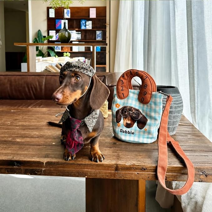 Personalized Pet Portrait Canvas Handbag Custom Dog Cat Mom Gift with Name | Plaid Bucket Bag with Number Handle & Crossbody Strap, Unique Gift for Pet Lovers - Image 4